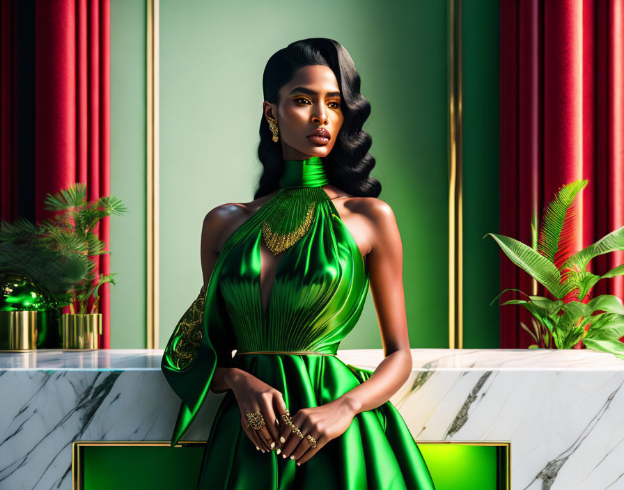 Luxurious Green Dress and Gold Accessories on Elegant Woman in Stylish Room