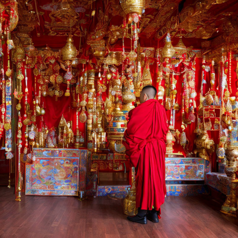 Monk in red robes in ornate temple with golden decorations