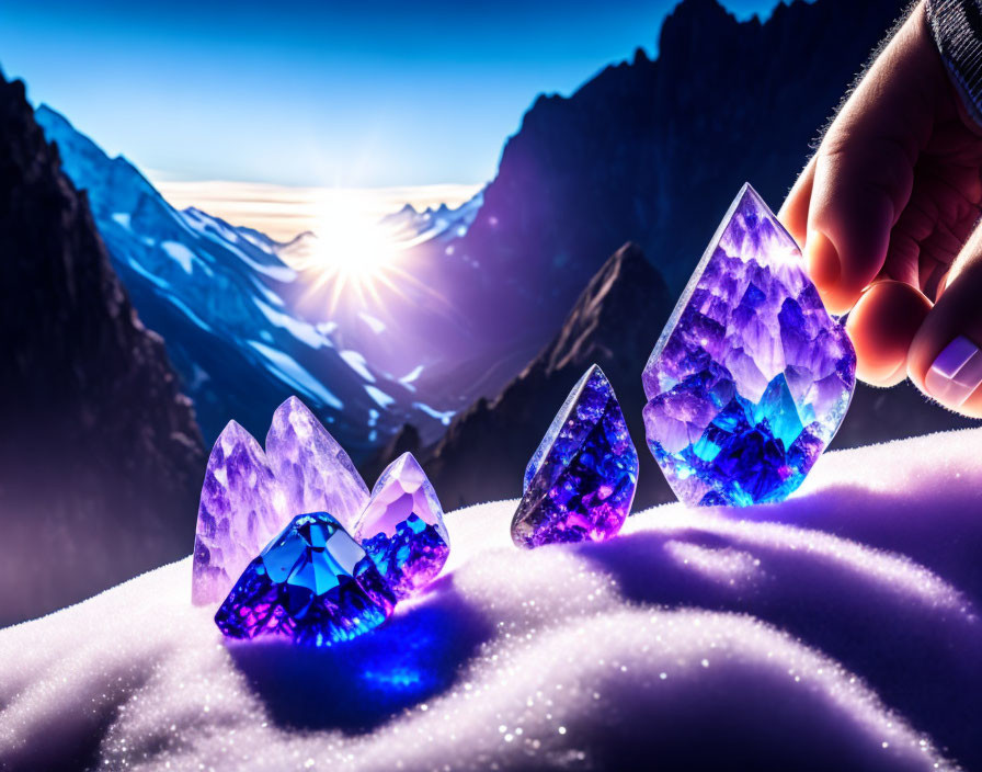 Glowing Purple Crystals on Snowy Surface with Sunrise and Mountains