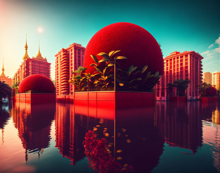 Surreal cityscape with orange-shaped buildings and trees in warm, reddish sky