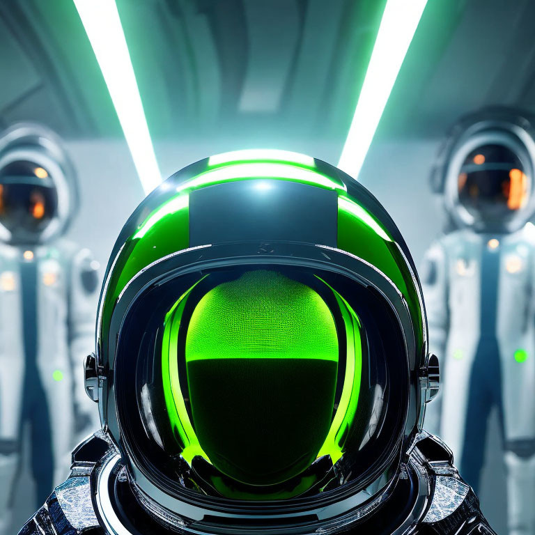 Futuristic spacesuit with glowing green visor in spaceship corridor