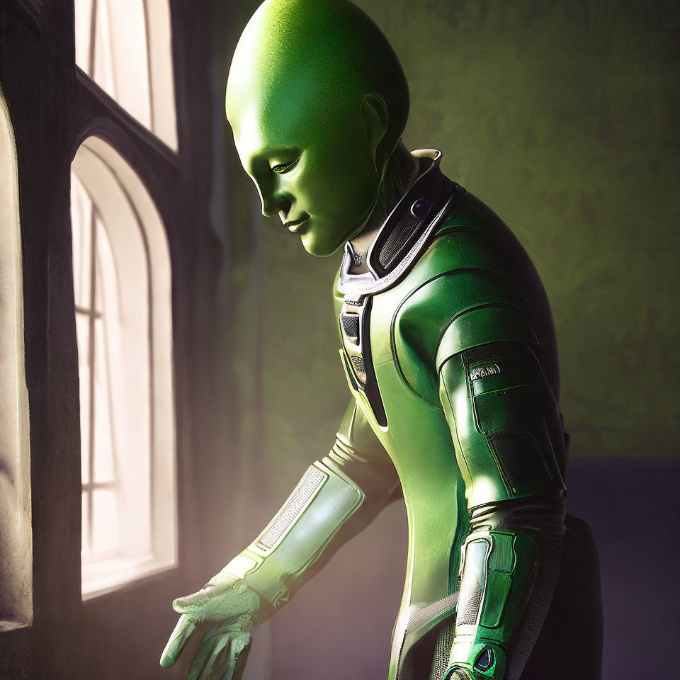 Green-skinned humanoid in futuristic armor gazes out window thoughtfully.