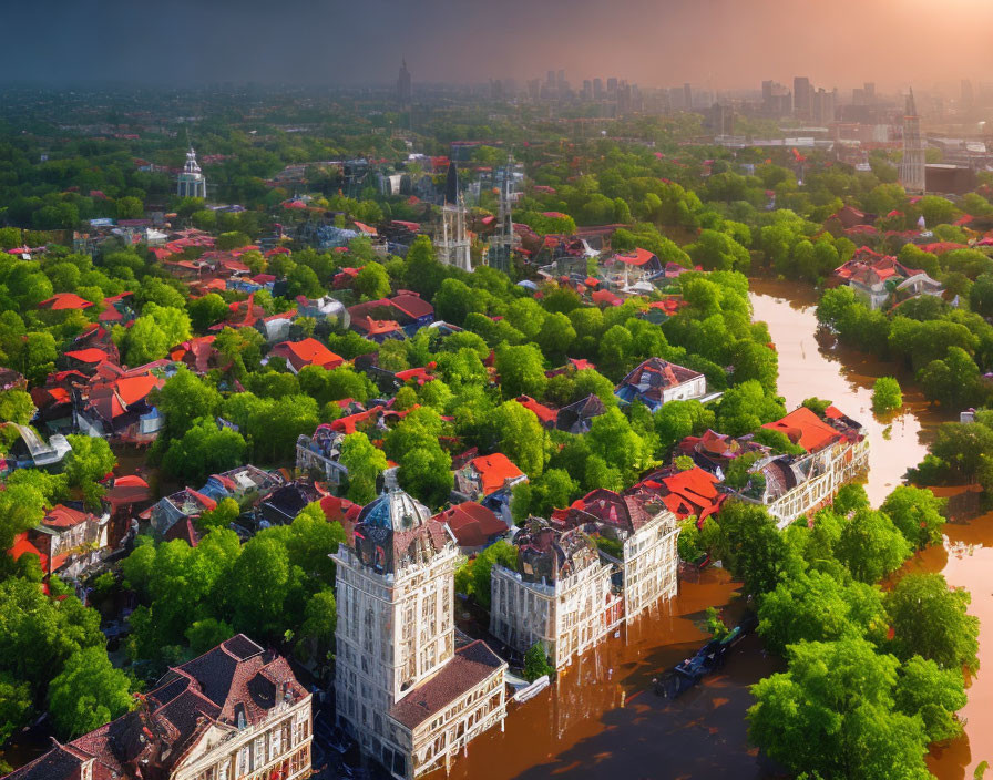 Flooded city with submerged buildings, urban skyline, and lush green trees