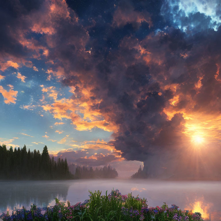 Tranquil sunrise scene: lake, flowers, mist, forest, starry sky turning to daylight