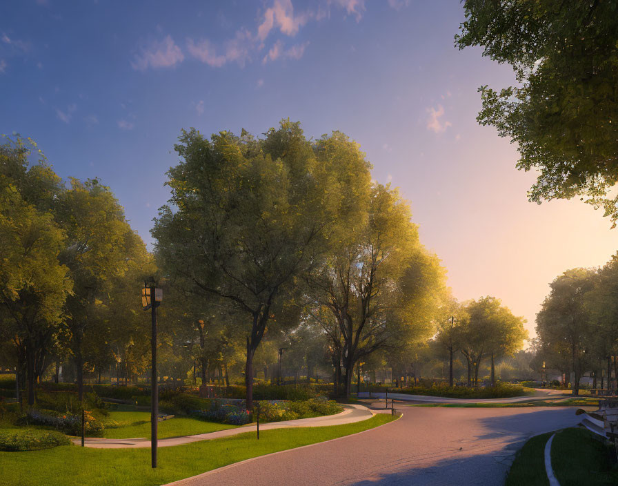 Tranquil park at sunset with winding paths, benches, lush trees, and flower beds