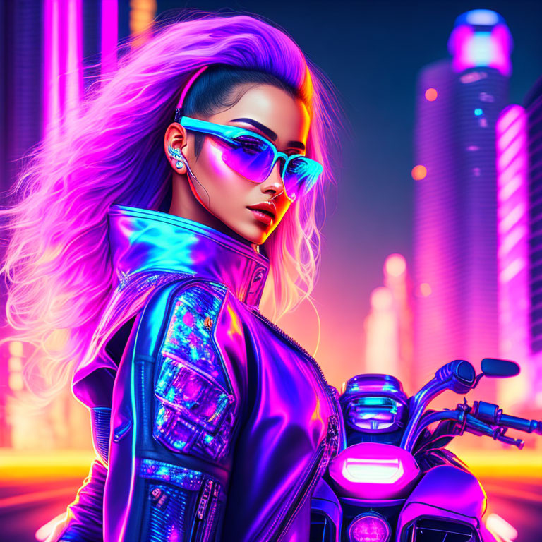 Pink-haired woman in futuristic jacket by neon cityscape on motorcycle