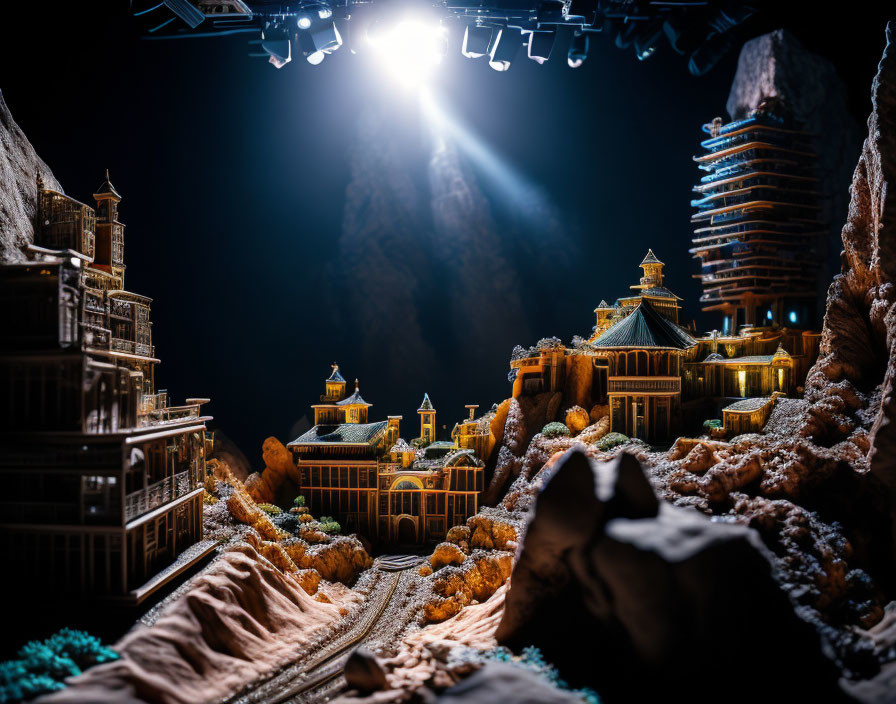 Detailed Miniature Fantasy Town with Illuminated Buildings at Night