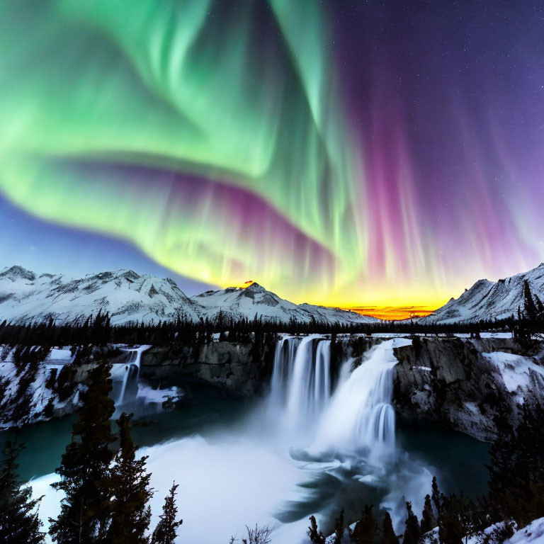 Northern Lights above snow waterfall, pine forest, mountains, starry sky