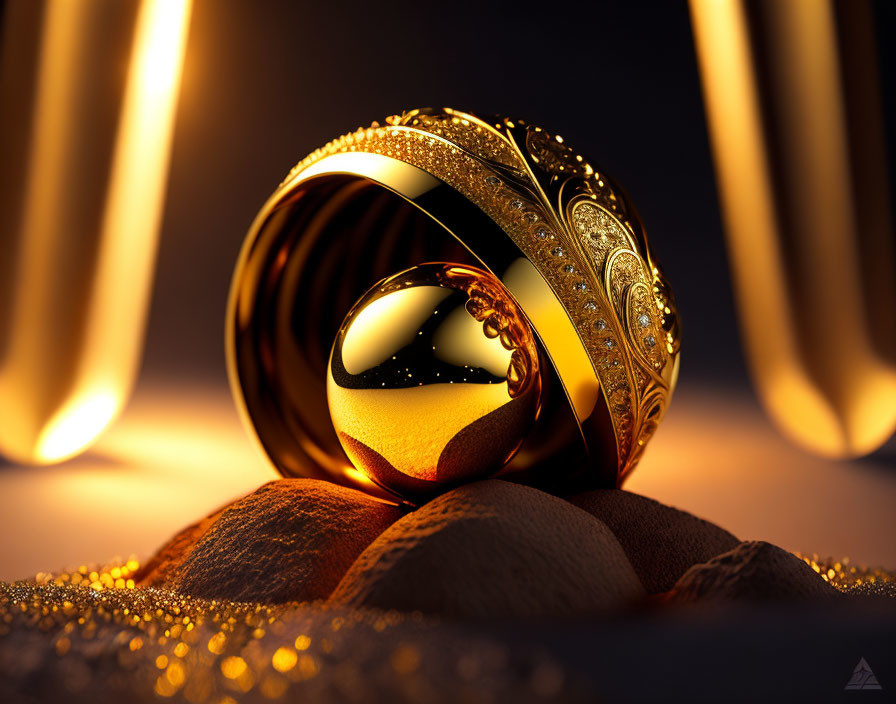 Intricately patterned golden ring on sandy surface with warm backlight