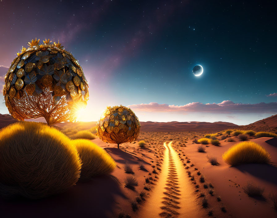 Surreal desert landscape at sunset with golden-leaved spherical trees