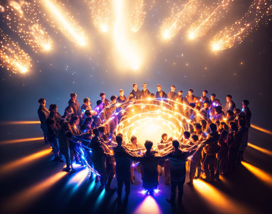 People in circle with spiral and golden light beams.