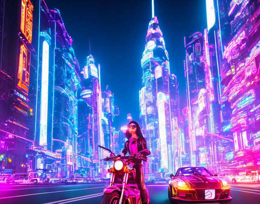 Stylish woman by motorcycle in neon-lit futuristic cityscape