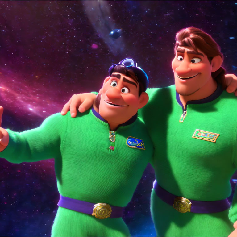 Two characters in green space uniforms smiling with galaxy backdrop