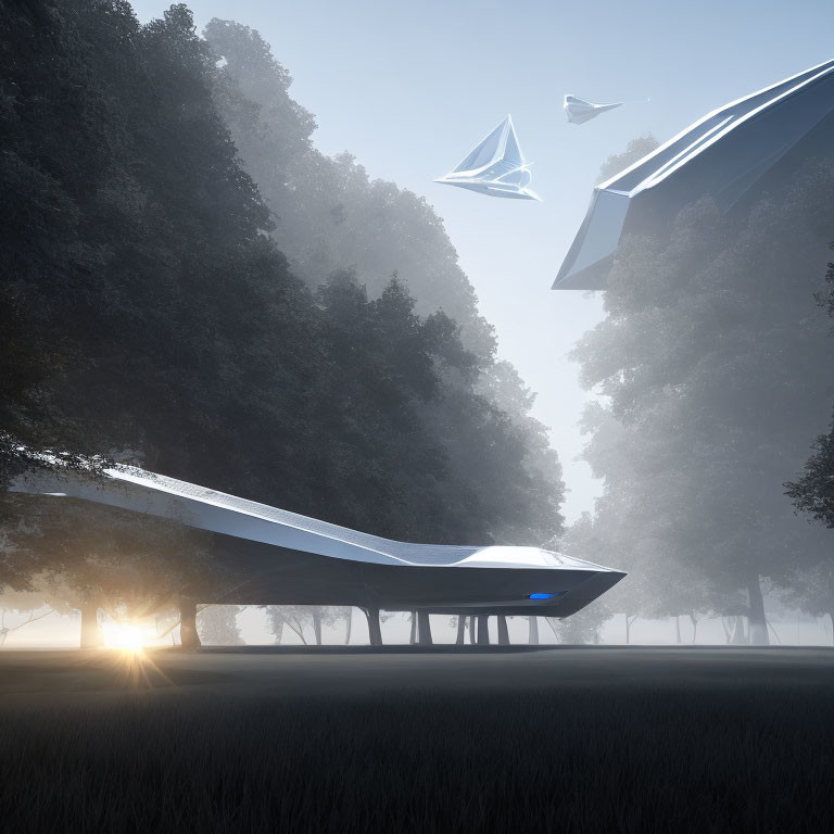 Sleek futuristic buildings in misty forest with sunlight and paper planes