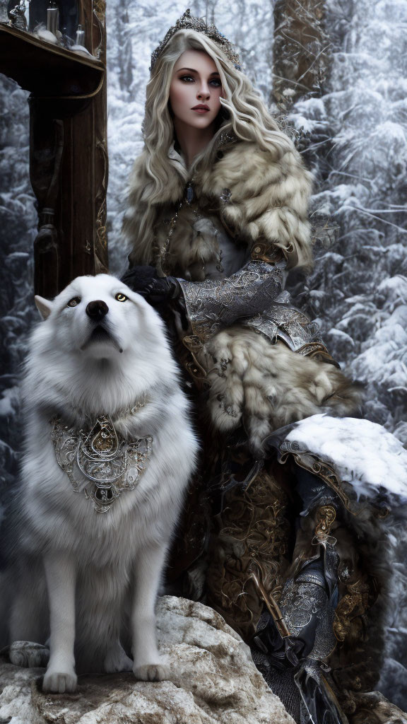 Medieval-themed portrait of a woman with a white dog in snowy forest