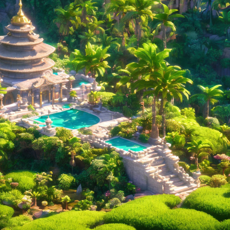 Tiered pagoda in lush tropical garden with palm trees and blue pools