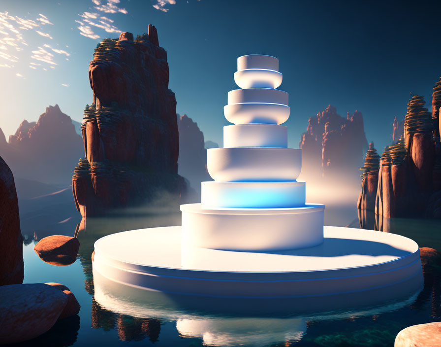 Surreal landscape with glowing cylindrical structure and water surroundings