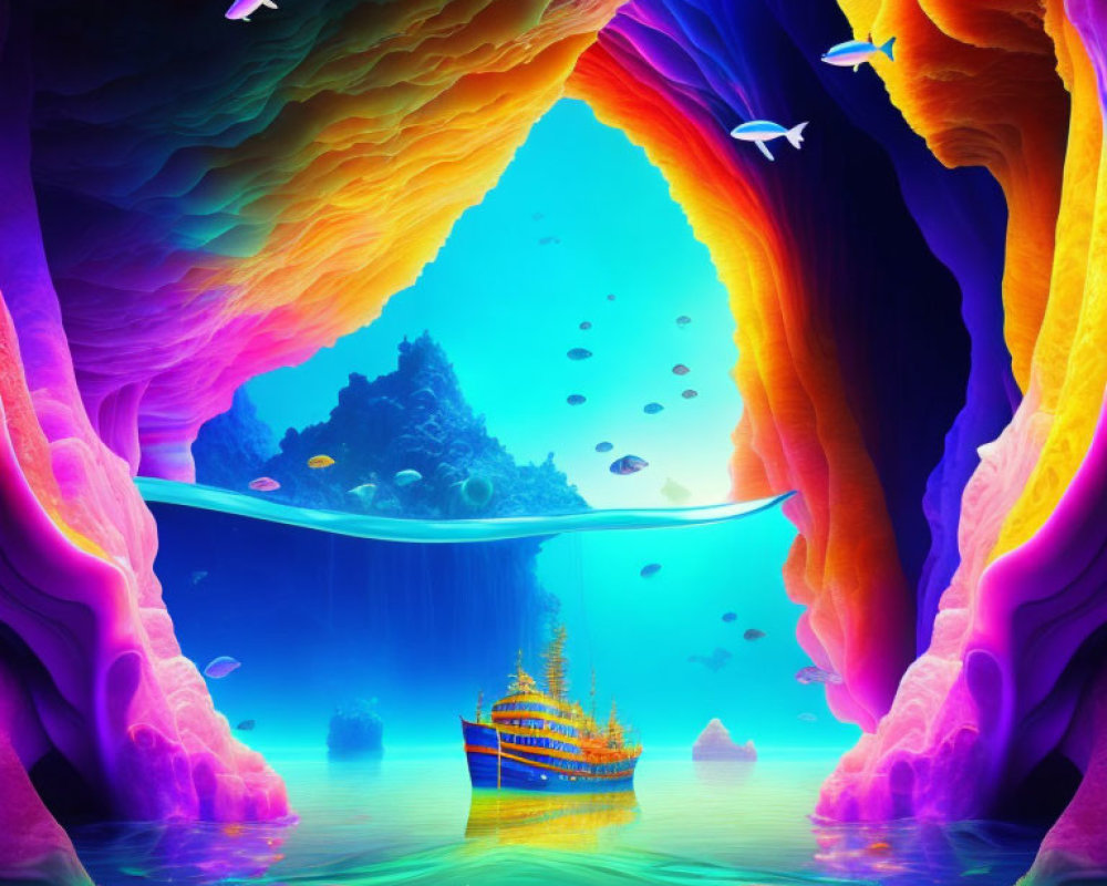 Fantasy cave with ship on clear lake, luminous flora, birds under ethereal sky