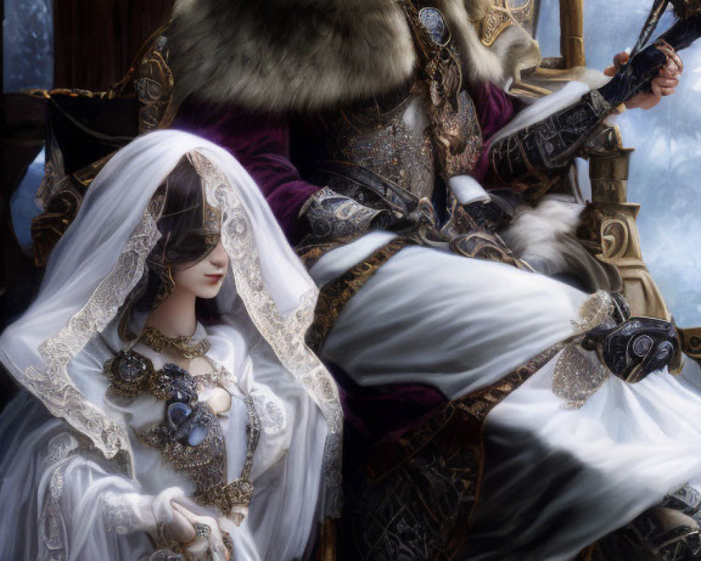 Medieval fantasy couple in regal attire in snowy forest landscape