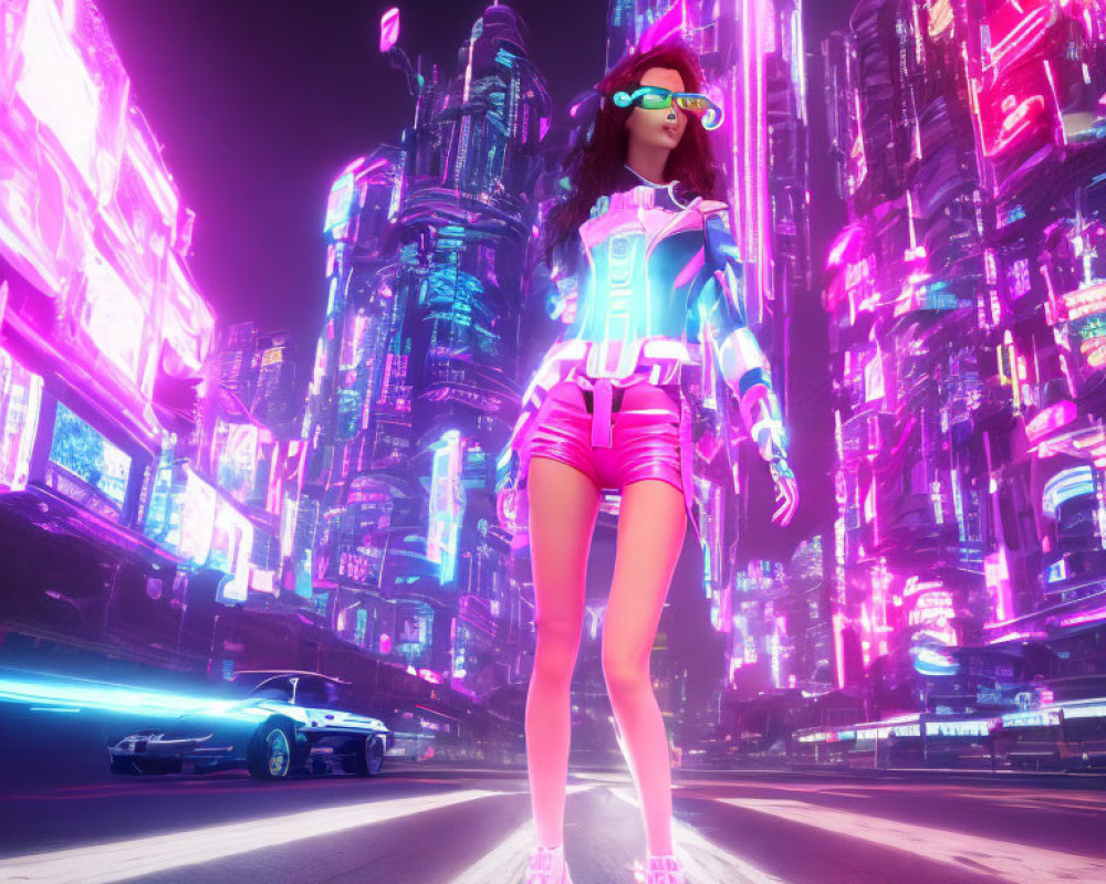 Futuristic woman in neon-lit cyberpunk cityscape at night