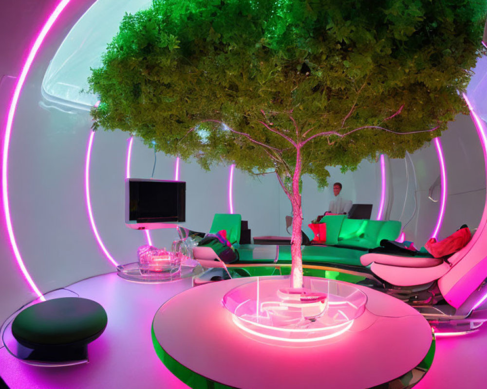 Modern lounge with neon lights, central tree, circular design, green and pink colors