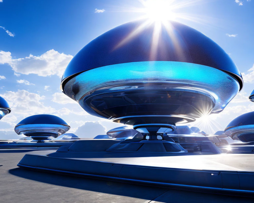 Blue flying saucers on launch platform under bright sun and clear sky