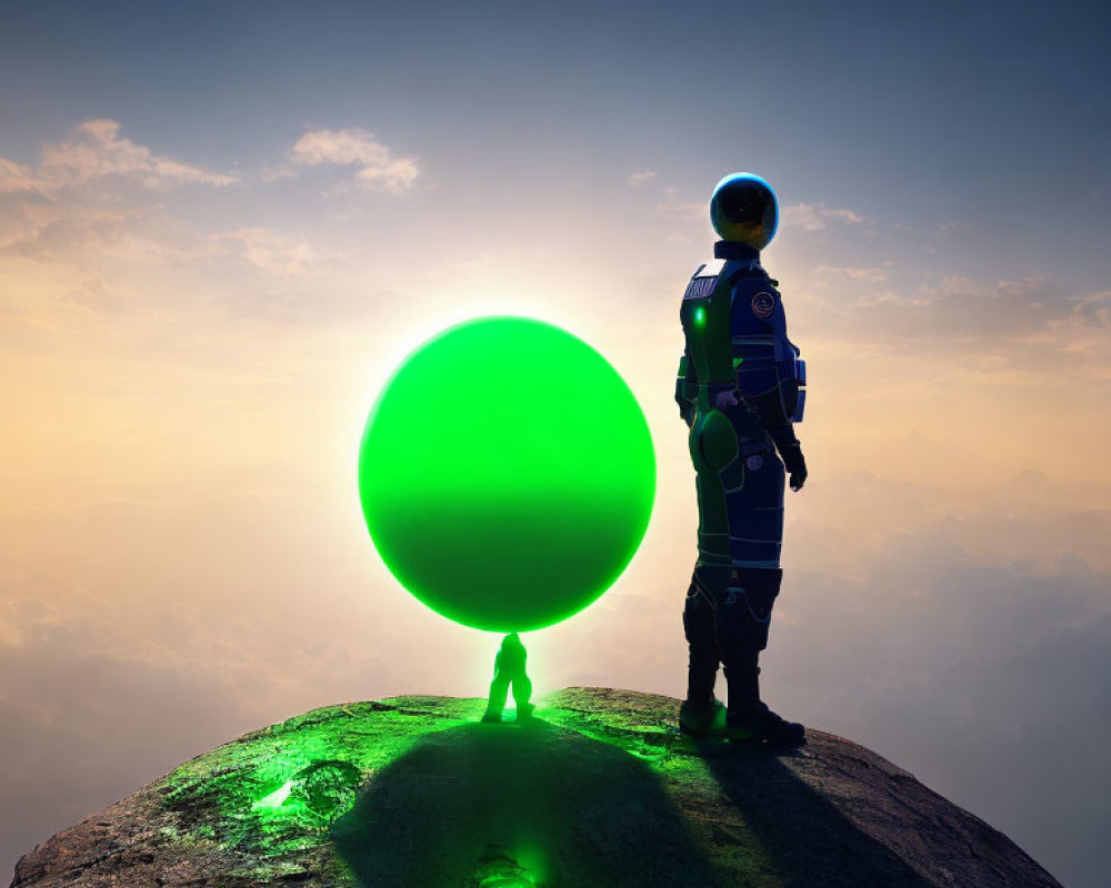 Astronaut beside glowing green orb on rocky peak with dramatic sky