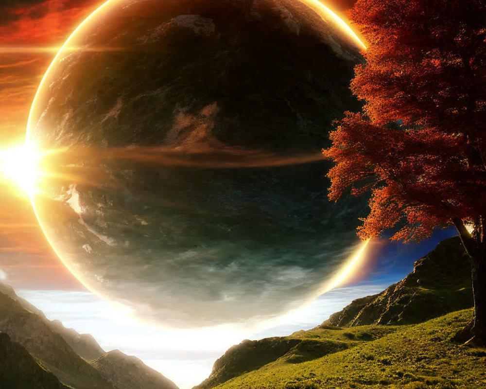 Surreal landscape with massive planet, mountains, and radiant tree