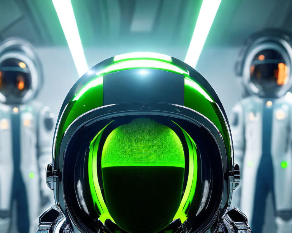 Futuristic spacesuit with glowing green visor in spaceship corridor