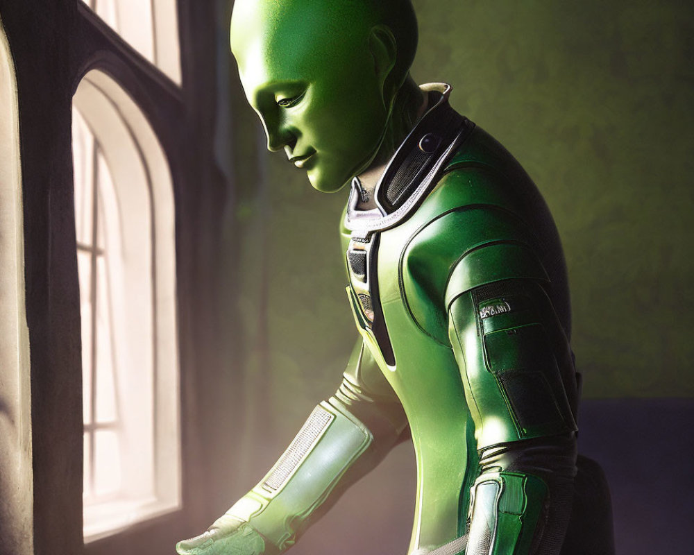 Green-skinned humanoid in futuristic armor gazes out window thoughtfully.