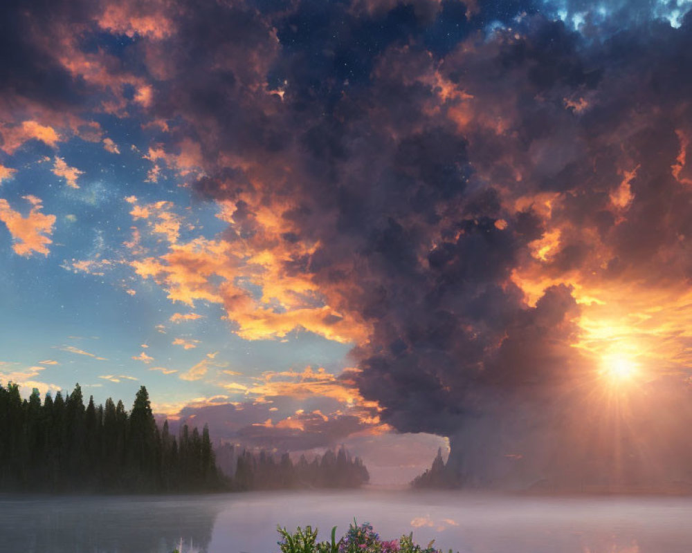 Tranquil sunrise scene: lake, flowers, mist, forest, starry sky turning to daylight