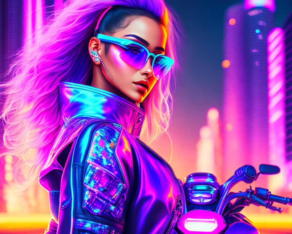 Pink-haired woman in futuristic jacket by neon cityscape on motorcycle