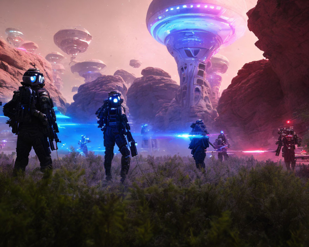 Futuristic armored soldiers on rocky alien landscape with floating structures.