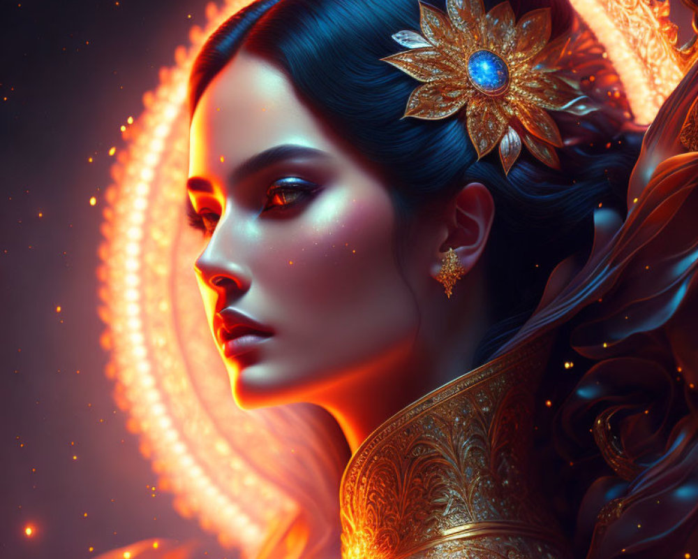 Digital Artwork: Woman with Gold Accessories and Orange Halo Background