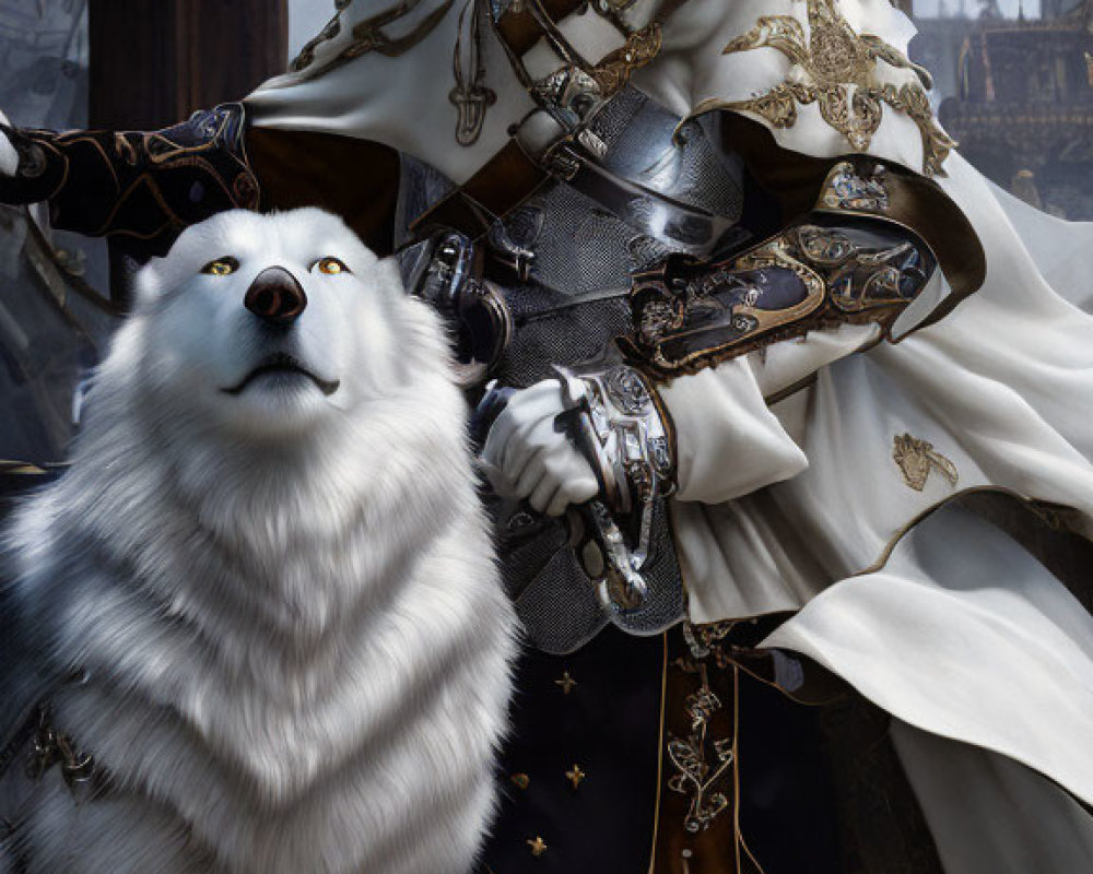 Regal man in ornate armor with majestic white dog in front of Gothic architecture