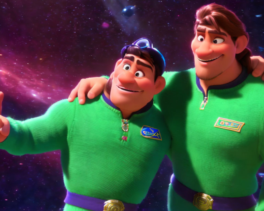 Two characters in green space uniforms smiling with galaxy backdrop