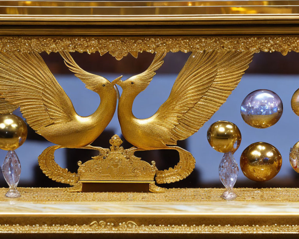 Ornate golden birds and crown on lavish furniture with intricate details