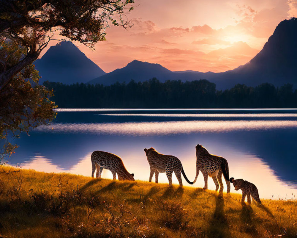 Three cheetahs walking by lake at sunset with mountains and tree.