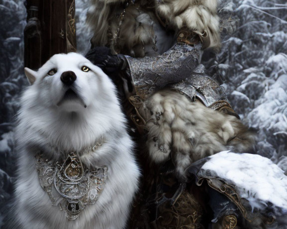 Medieval-themed portrait of a woman with a white dog in snowy forest