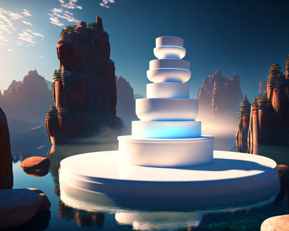 Surreal landscape with glowing cylindrical structure and water surroundings