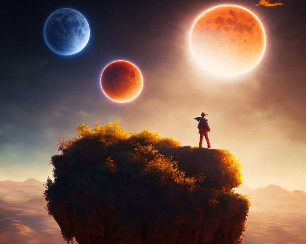 Figure on floating island gazes at celestial bodies in dramatic sky