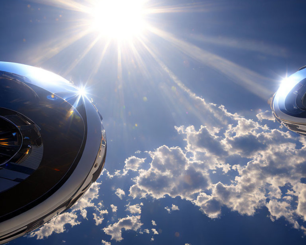 Futuristic spacecraft in blue sky with sun rays piercing clouds