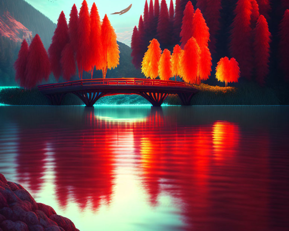 Autumn trees reflected in serene lake with classic bridge and flying birds