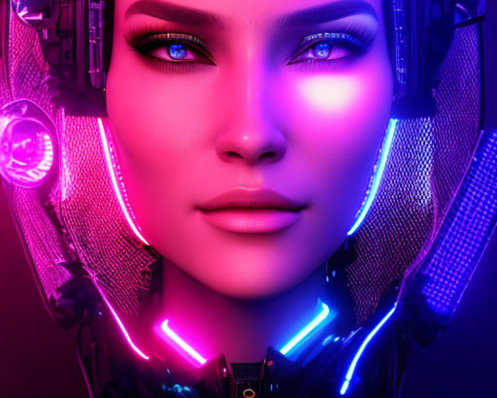 Futuristic digital portrait of a woman with neon-lit headphones