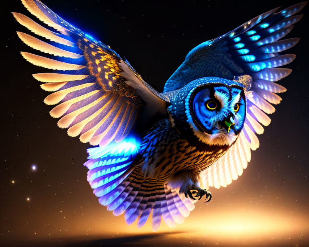 Colorful Owl Flying in Starry Night Sky with Detailed Feathers