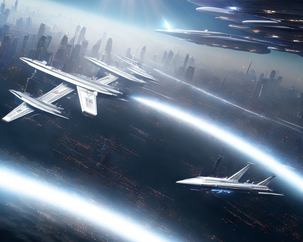 Futuristic spaceships soar over illuminated cityscape at dusk