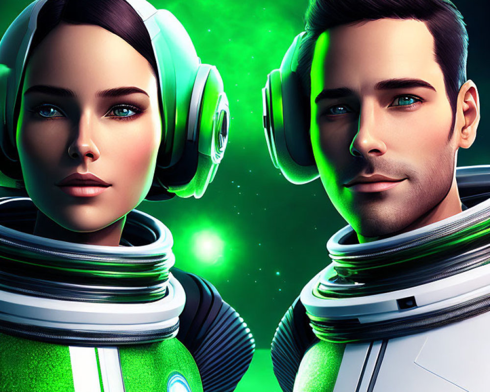 Futuristic digital artwork of male and female characters in space suits