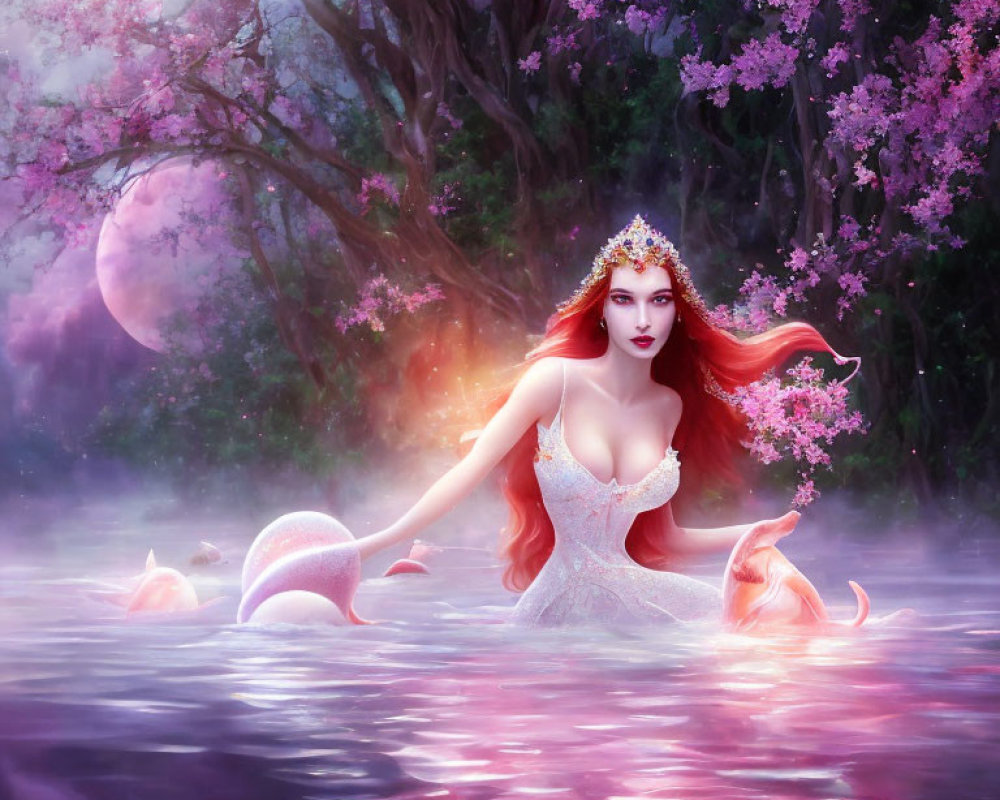 Red-Haired Mermaid with Crown in Purple Water and Blooming Trees