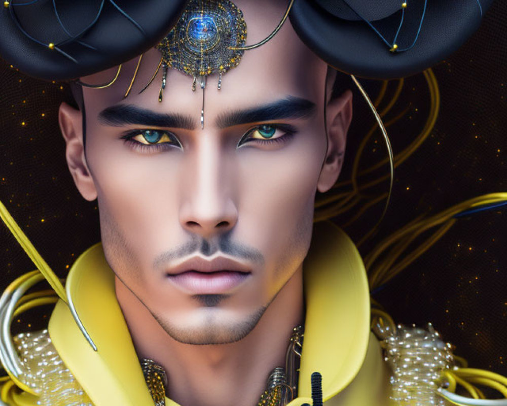 Male digital figure with blue eyes, black hat, gold jewelry, and yellow coat.