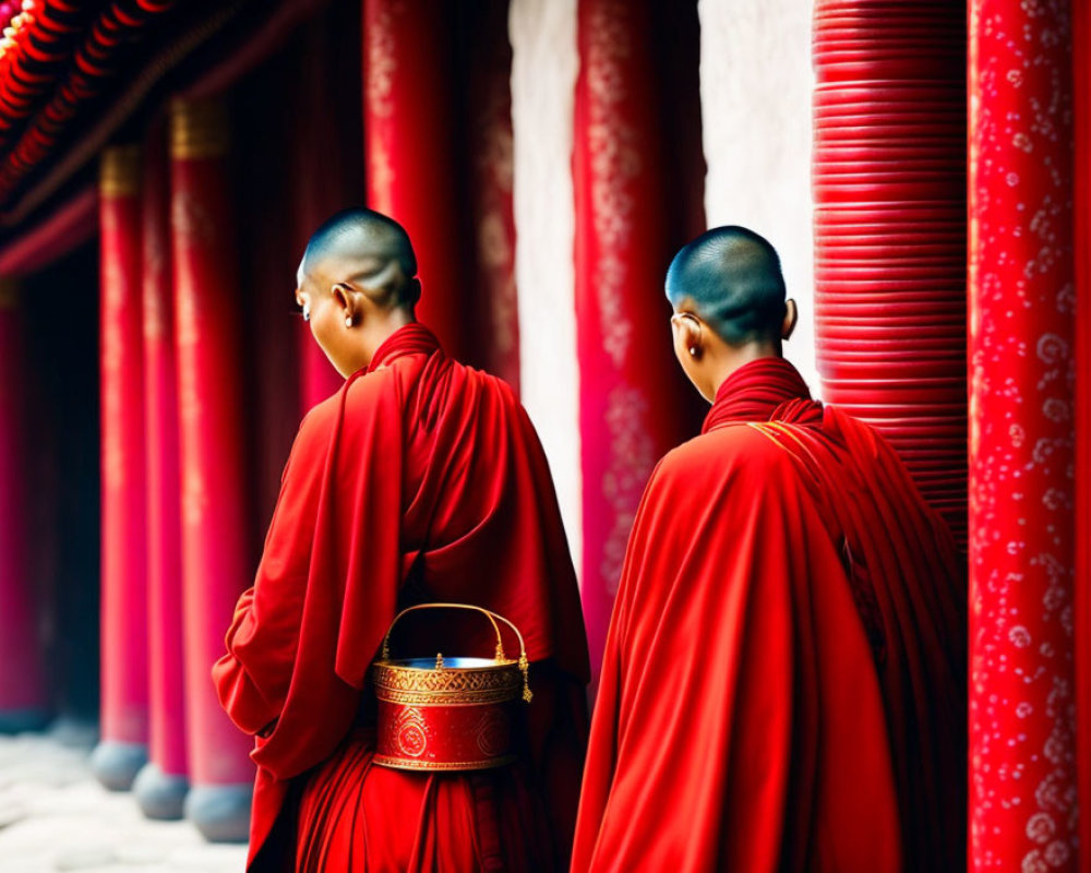 Monks in Red Robes Holding Alms Bowls Beside Red Pillars